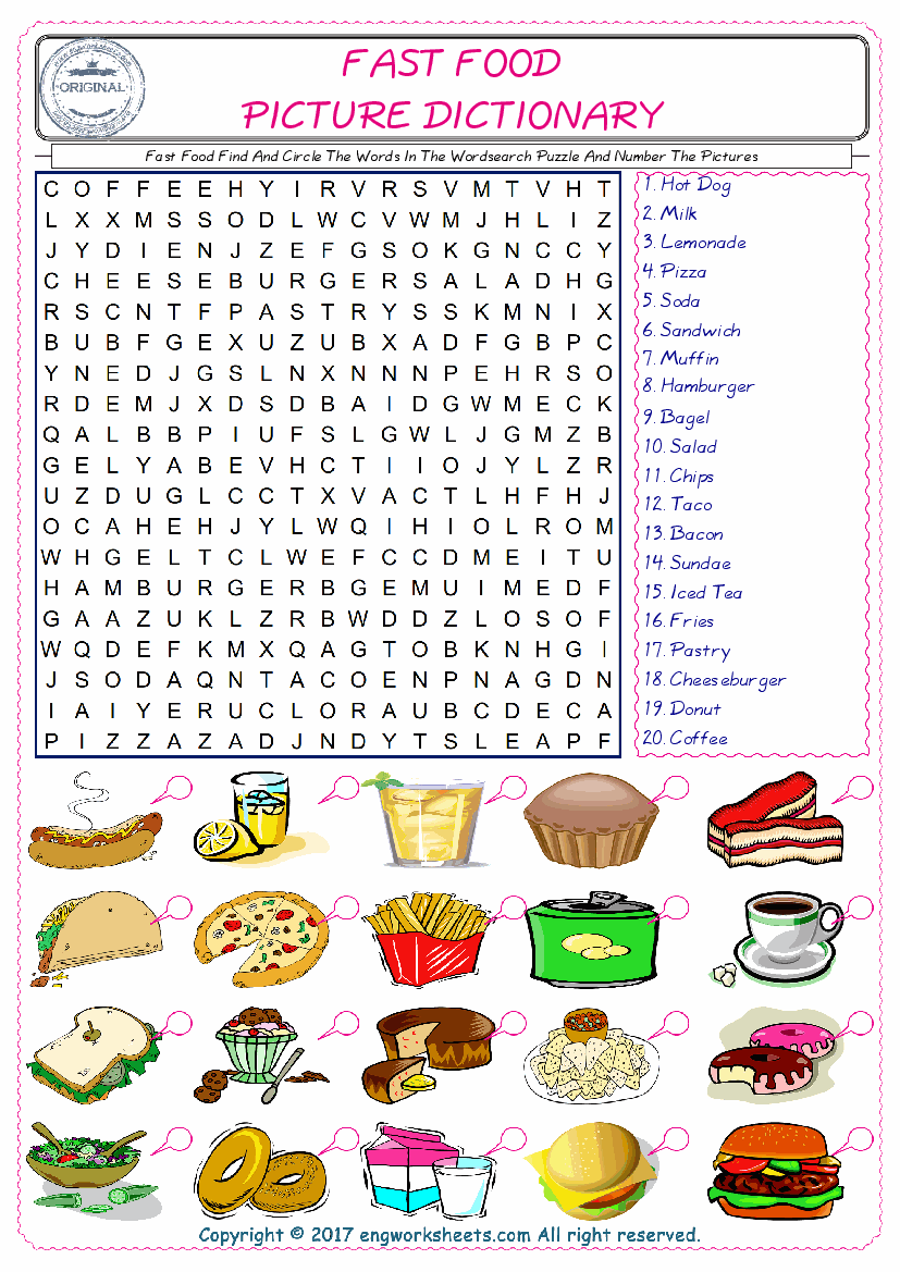  ESL wordsearch worksheets for kids, find Fast Food words in the word wordsearch write its number on its picture English worksheet. 